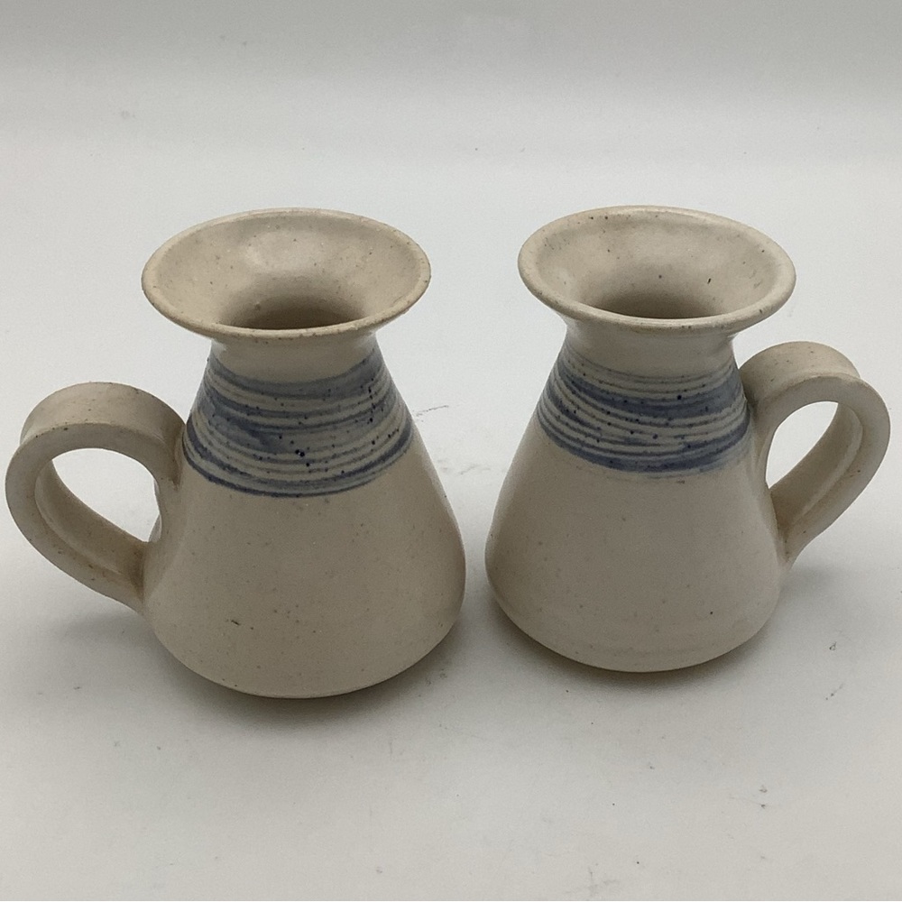 Handcrafted Pottery Candlestick Holders with Blue Stripes and Handles